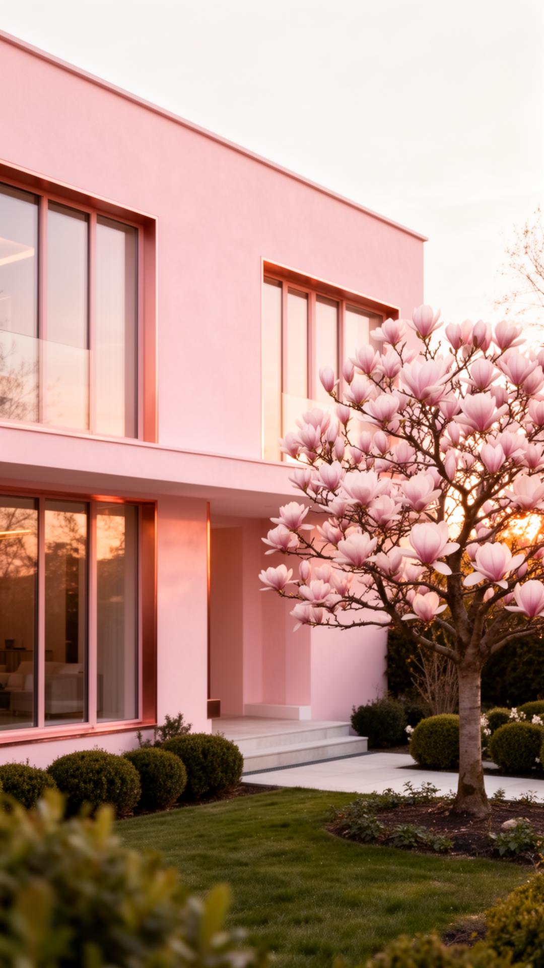 Soft pink modern home with magnolia tree at golden hour